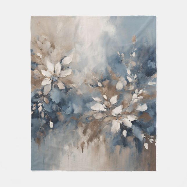 Navy Blue Light Blue Brown Modern Floral Fleece Blanket (Front)