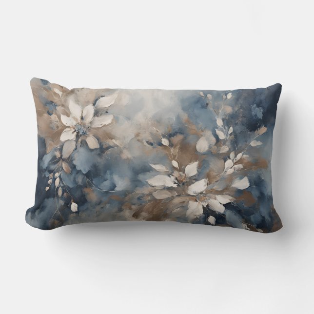 Navy Blue Light Blue Brown Modern Floral Lumbar Cushion (Front)