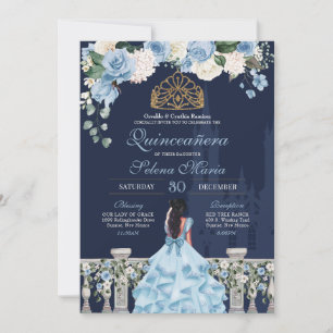 Navy Blue Light Blue Roses Princess Quinceañera Invitation