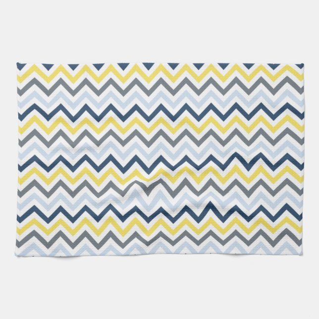 Navy Blue, Light Blue, Yellow, and Grey Chevron Tea Towel (Horizontal)