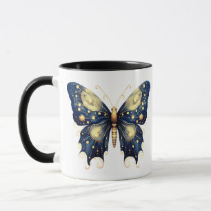 Navy Blue Light Green Gold Butterfly Halloween Mug
