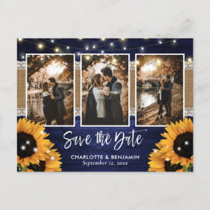 Navy Blue Lights Sunflower 3 Photo Save The Date Announcement Postcard
