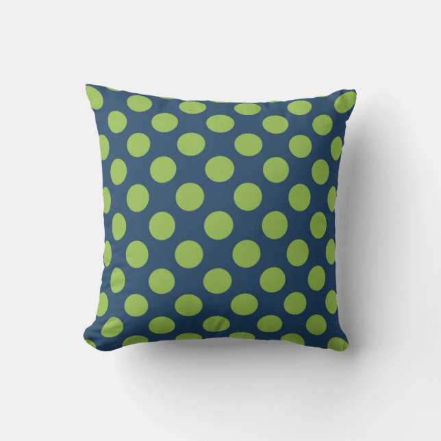 Navy Blue Lime Green Polka Dots Cushion (Front)
