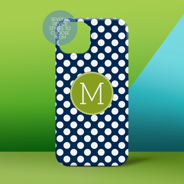 Navy Blue & Lime Green Polka Dots Custom Monogram (Personalized Phone Case)