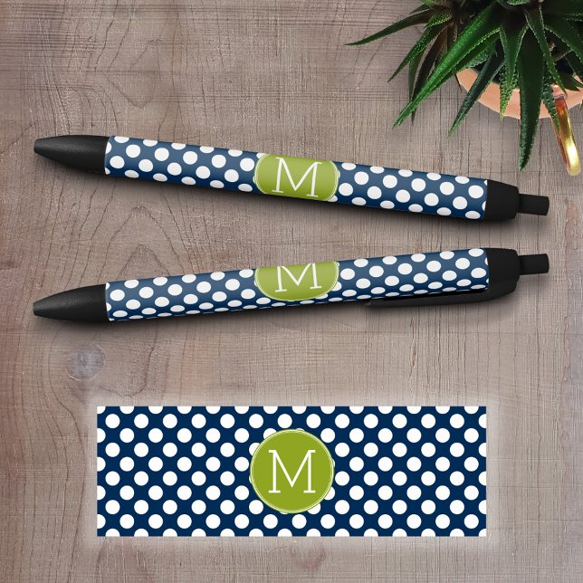 Navy Blue & Lime Green Polka Dots Custom Monogram Black Ink Pen (Personalized writing pen - Add a Photo and Text)