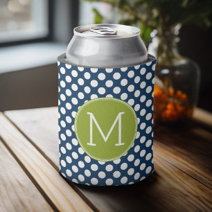 Navy Blue & Lime Green Polka Dots Custom Monogram Can Cooler