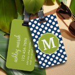 Navy Blue & Lime Green Polka Dots Custom Monogram Luggage Tag<br><div class="desc">A preppy pattern with a classic single monogram. Cute and girly,  this retro design is perfect for any woman.</div>