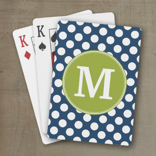 Navy Blue & Lime Green Polka Dots Custom Monogram Playing Cards