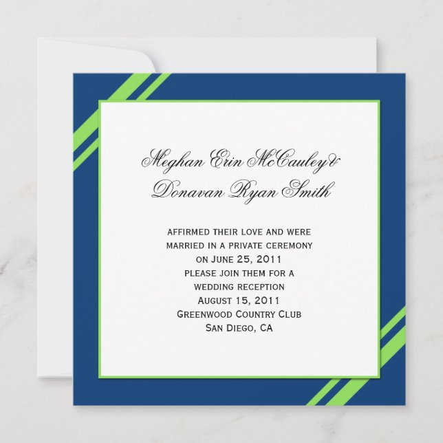 Navy Blue Lime Green Stripes Post Wedding Invitation (Front)