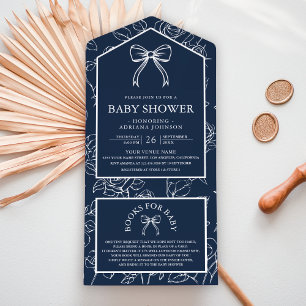 Navy Blue Line Art Coquette Bow Baby Shower All In One Invitation