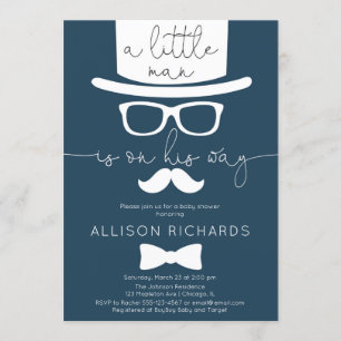 Navy blue little man boy baby shower invitation
