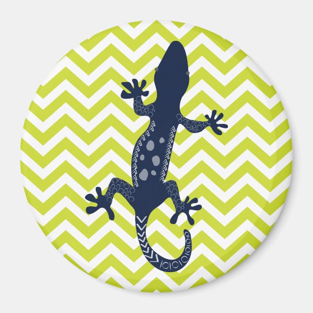 Navy Blue Lizard on Green Chevron Stripe Pattern Magnet (Front)
