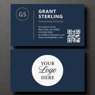 Navy Blue Logo Minimalist Professional QR Code Business Card