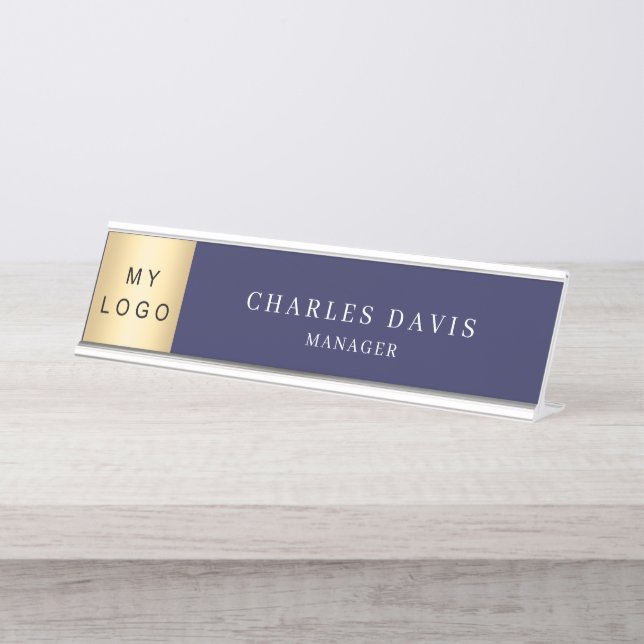 Navy blue logo office desk name plate (Front)