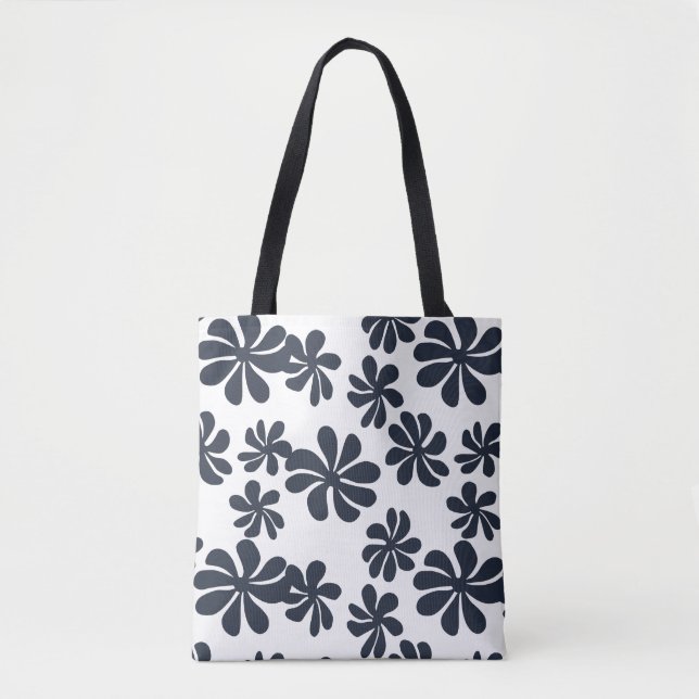 Navy blue loopy flowers w/custom background colour tote bag (Front)