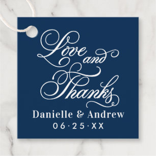Navy Blue Love and Thanks Calligraphy Wedding Favour Tags
