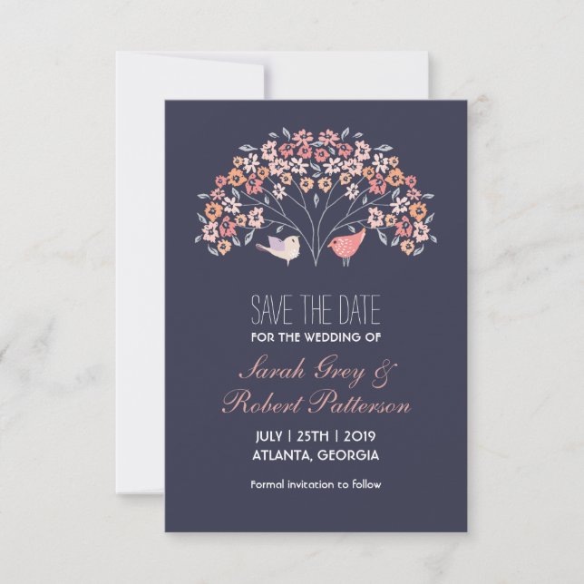 Navy Blue Love Birds Flower Wedding Save The Date (Front)