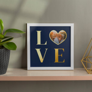 Navy Blue Love Heart-Shaped Photo Romantic Gold Foil Prints