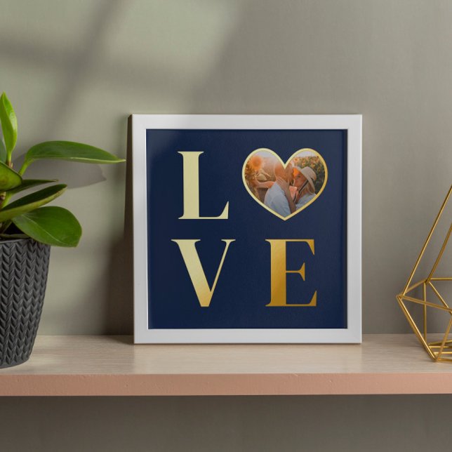 Navy Blue Love Heart-Shaped Photo Romantic Gold Foil Prints (Creator Uploaded)