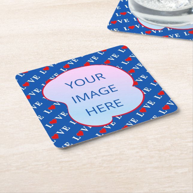 Navy Blue LOVE Heart Square Paper Coaster (Angled)