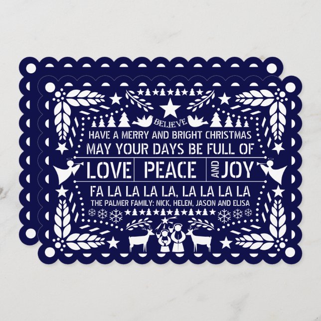 Navy blue Love Peace Joy papel picado Christmas Holiday Card (Front/Back)