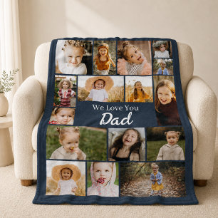 Navy Blue Love You Dad 16 Photo Collage Fleece Blanket