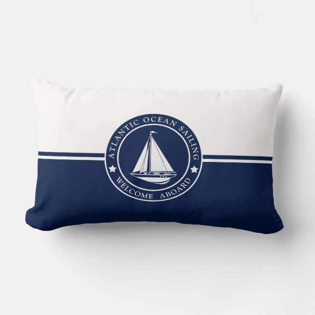 Navy Blue Lumbar Pillow with Sailing Label (Front)