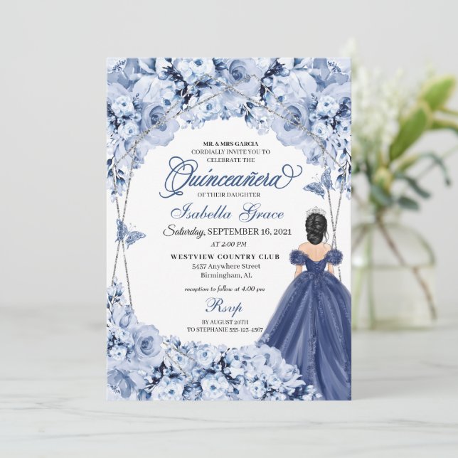 Navy Blue Lush Roses Princess Quinceañera Invitation (Standing Front)