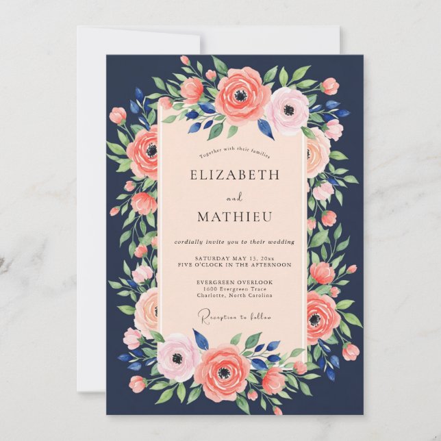 Navy Blue Lush Summer Wedding Invitation (Front)