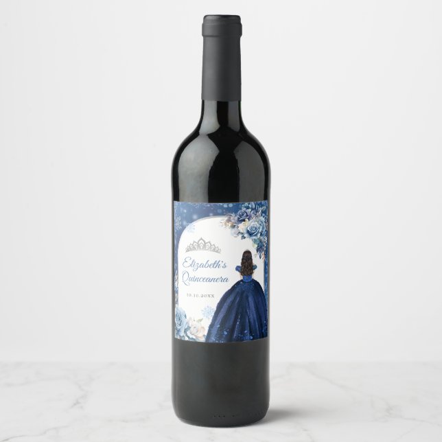 Navy Blue Magical Winter Snowflake Quinceanera Wine Label (Front)