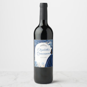 Navy Blue Magical Winter Snowflake Quinceanera Wine Label