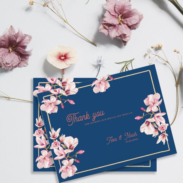 Navy Blue Magnolia Floral Wedding Thank You Postcard (Navy Blue Magnolia Floral Wedding Thank You Postcard)