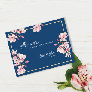 Navy Blue Magnolia Floral Wedding Thank You Postcard