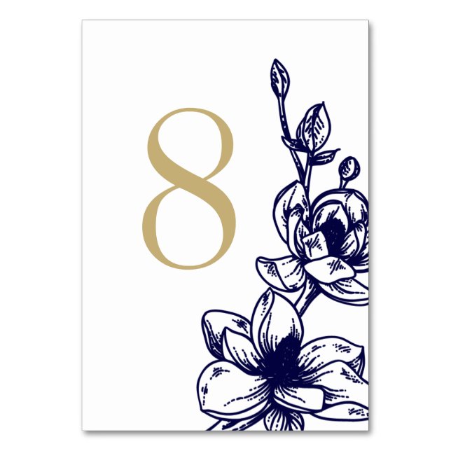 Navy Blue Magnolia Flowers Wedding Table Number (Front)