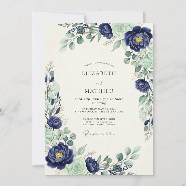 Navy Blue Majestic Botanical Wedding Invitation (Front)