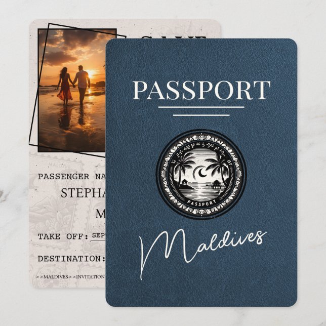 Navy Blue Maldives Passport Save The Date (Front/Back)