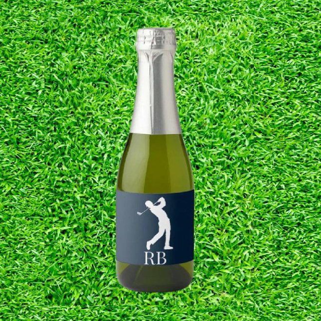 Navy Blue Man Golfer Monogram  Sparkling Wine Label (Gifts for Dad’s Par-tee!)