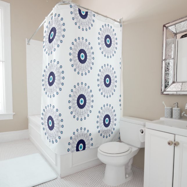 Navy Blue Mandala Evil Eye Circle Pattern Bathroom Shower Curtain (In Situ)