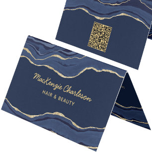 Navy Blue Marble Agate Geode Gold QR Code Business Card