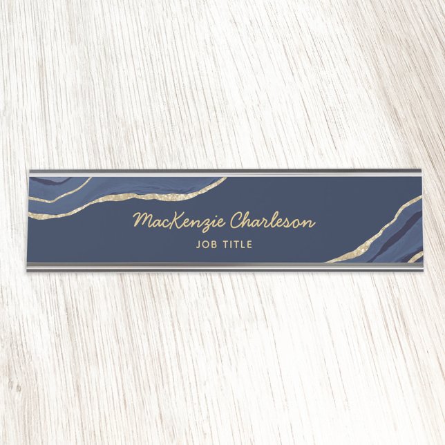 Navy Blue Marble Agate Gold Glitter Professional Desk Name Plate (Creator Uploaded)