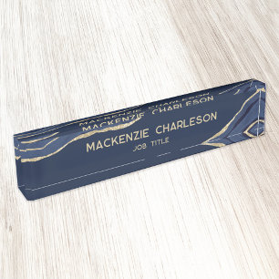 Navy Blue Marble Agate Gold Glitter Professional Nameplate