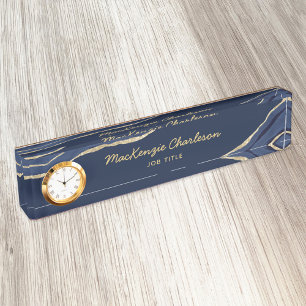 Navy Blue Marble Agate Gold Glitter Professional Nameplate
