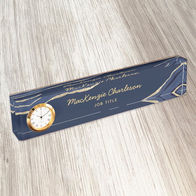 Navy Blue Marble Agate Gold Glitter Professional Nameplate (Blue and gold agate geode modern script business name plate with custom text)