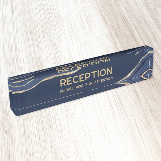 Navy Blue Marble Agate Gold Glitter Reception Nameplate (Navy blue marble agate gold glitter Reception Ring for Attention custom text business desk plate)