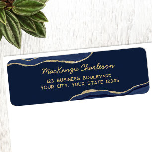 Navy Blue Marble Agate Gold Glitter Return Address Label