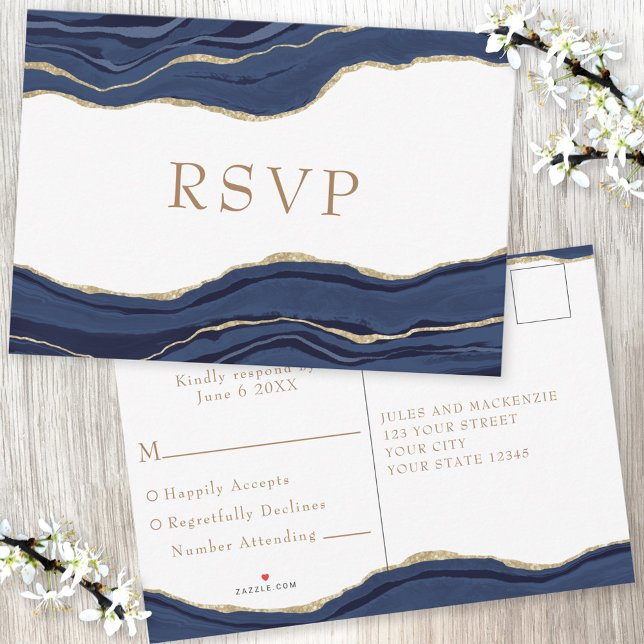 Navy Blue Marble Agate Gold Glitter Wedding RSVP Card (Creator Uploaded)