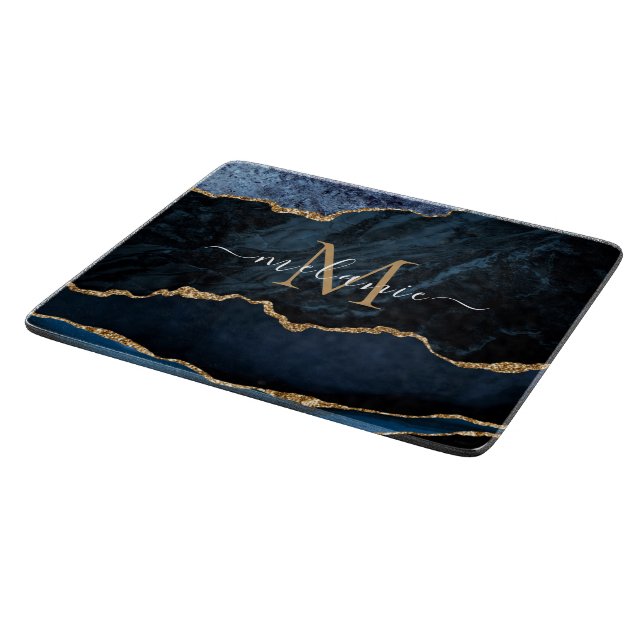Navy Blue Marble Custom Name Letter Cutting Board (Corner)