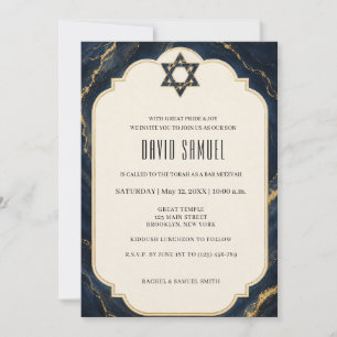 Navy Blue Marble Elegant Bar Mitzvah Invitation