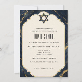 Navy Blue Marble Elegant Bar Mitzvah Invitation