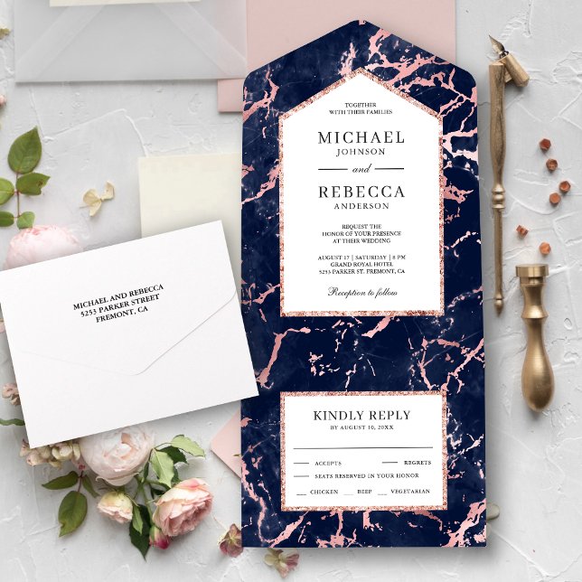 Navy Blue Marble Faux Rose Gold Foil Wedding All In One Invitation (Creator Uploaded)